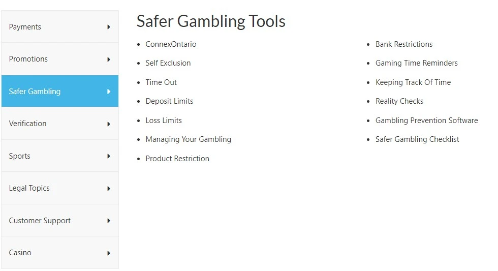 BetVictor Ontario Safer Gambling Tools